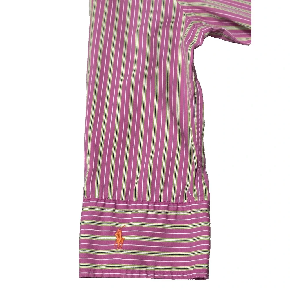 Ralph Lauren Big Girls Size 14 Button Down Shirt Pink Green Navy Striped Pony